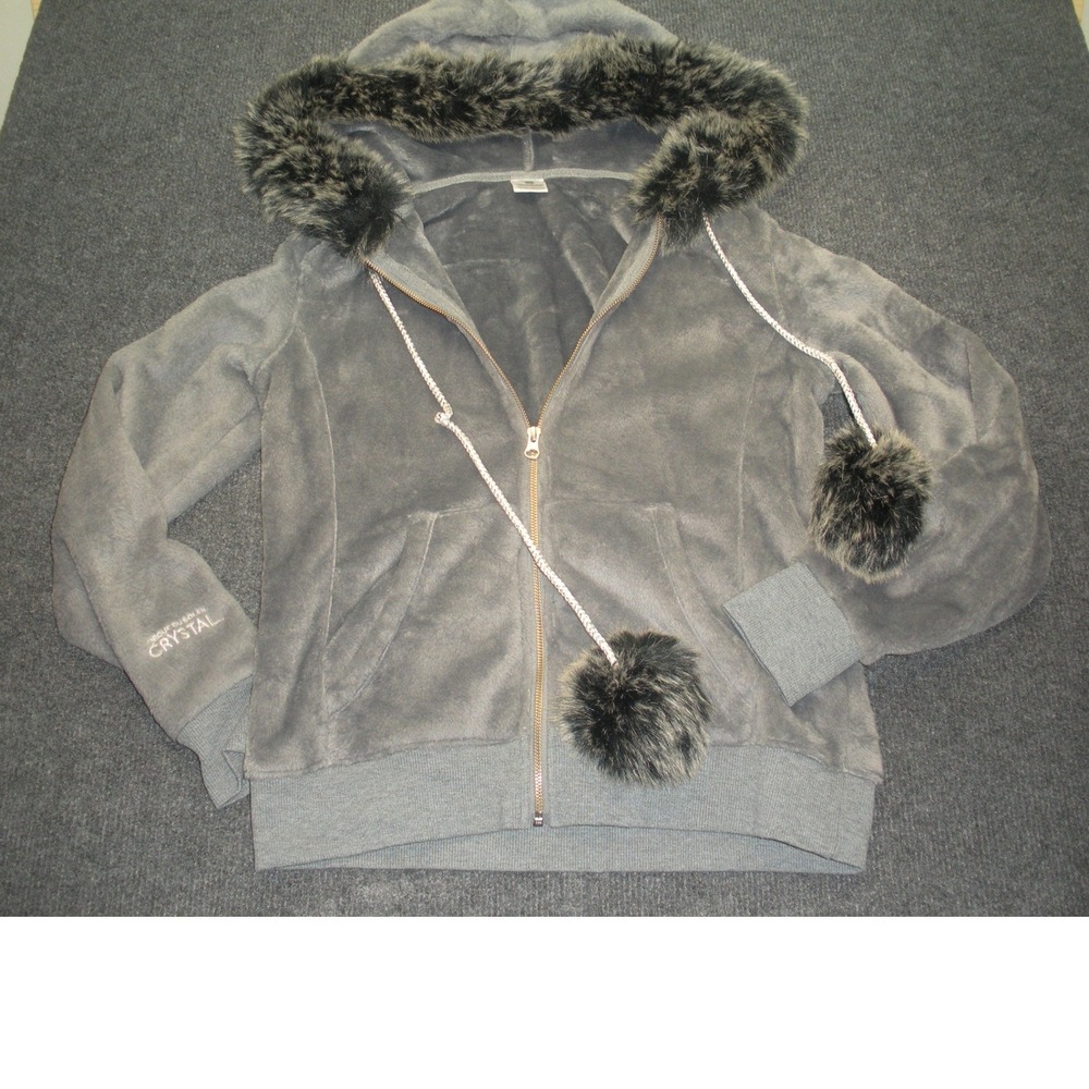 Cirque du Soleil Crystal Grey Faux Fur Trim Pom Pom Full Zip Fleece Hoodie